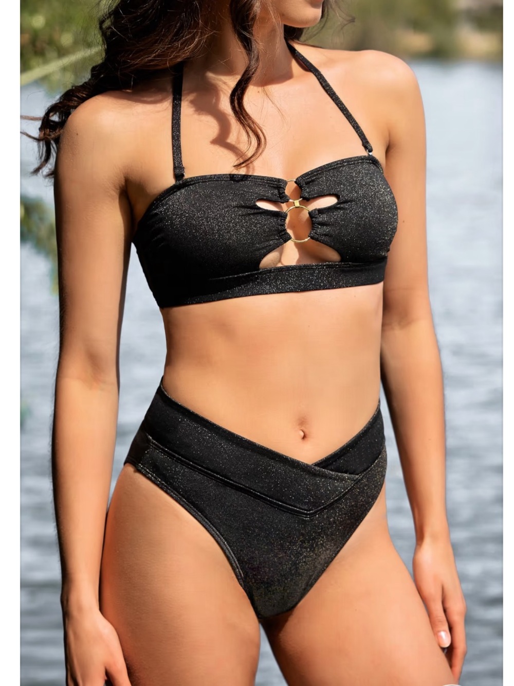 Cupshe Black Shimmer Cutout Bandeau Bikini with Gold Ring Detail
